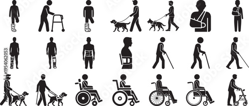 Diverse people with disabilities and mobility aids walking or standing with canes walkers wheelchairs