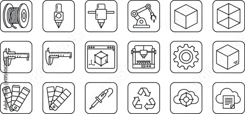 Vector collection of 3D printing and manufacturing icons including robotic arm, filament spool, caliper, printer nozzle, gear, and digital design symbols for industrial production