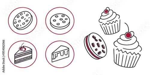 Line of desserts including cupcakes and cookies line black and white bakery