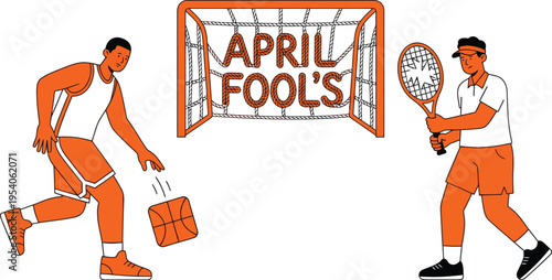 Two male athletes representing different sports stand near a net with April Fools' text.