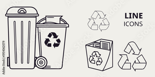 Line of recycling and waste management line recycling trash cans minimalistic simple black lines