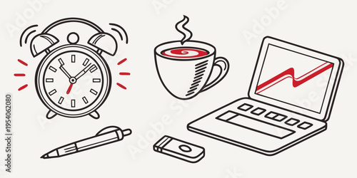 Morning routine with alarm clock and coffee laptop