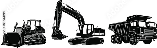 Vector black silhouettes of heavy construction machinery set including bulldozer excavator and dump truck icons for industrial earth moving and building site design