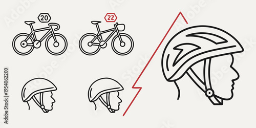 Bicycles and helmets line set line cycling gear bike accessories safety equipment