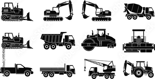 Vector collection of black silhouettes of heavy construction machinery including excavator bulldozer crane mixer truck dump truck road roller and backhoe loader icons