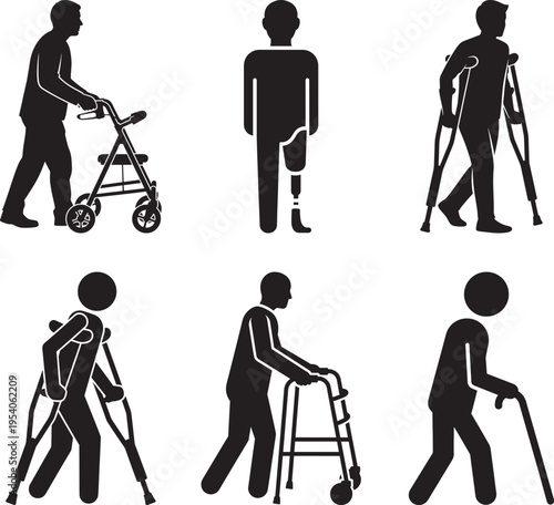People using mobility aids for walking and rehabilitation exercises with walkers and crutches