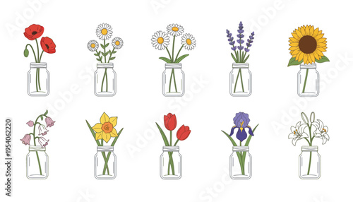 A flower illustration set of various colorful blooms in mason jars
