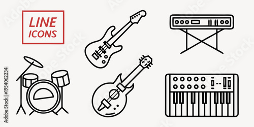 Musical instruments line set line guitar keyboard drum set music symbols