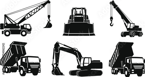 Vector collection of black silhouettes of heavy construction machinery including mobile crane excavator bulldozer and dump trucks for industrial site building design
