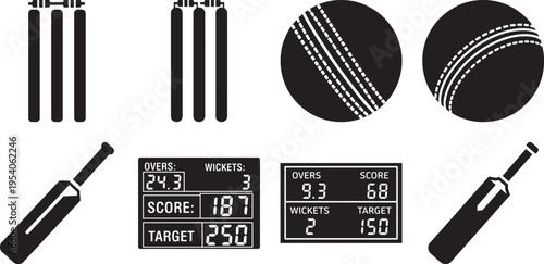 Cricket equipment and scoreboard illustrations for sports editorial use