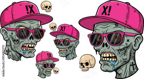 Collection of three different sized cartoon zombie heads wearing pink snapback hats and sunglasses floating near small human skulls on transparent background