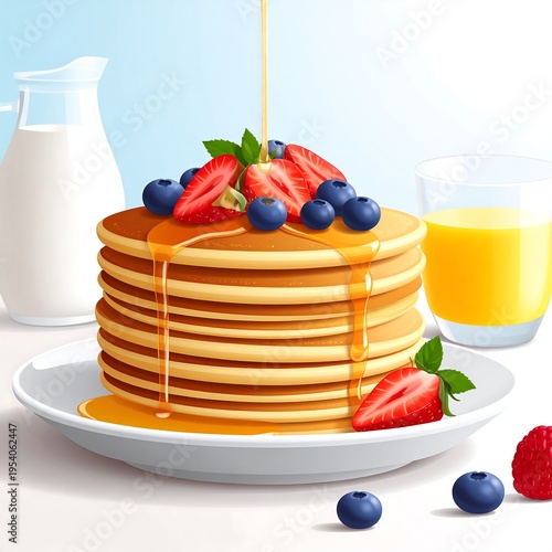 Delicious pancakes with fresh strawberries and syrup.