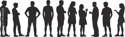 people, silhouettes, group, men, women, standing, talking, conversation, social, communication, human, figures, black, white, vector, illustration, isolated, design, teamwork, interaction