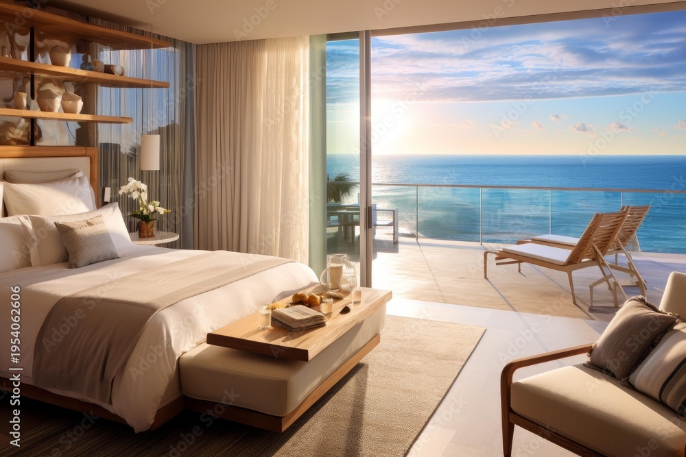 Obraz premium Modern hotel suite offering a serene tropical escape overlooking the ocean
