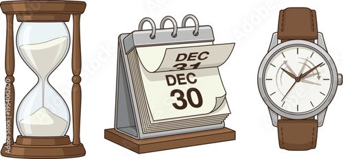 An antique hourglass stands next to a desk calendar showing December 30th and a wrist watch.
