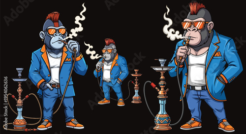 Three distinct cool cartoon gorillas featuring mohawks, trendy sunglasses, and stylish outfits enjoying shisha hookahs in various poses on transparent background. on transparent background