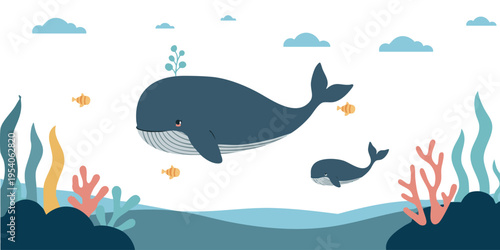 Cute Whale Underwater Ocean Vector Illustration Marine Life Background