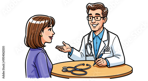 cartoon doctor and patient talking at desk with stethoscope