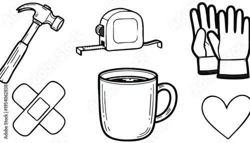 A set of colorful icons including a hammer, tape measure, work gloves, band aid, coffee mug, and heart