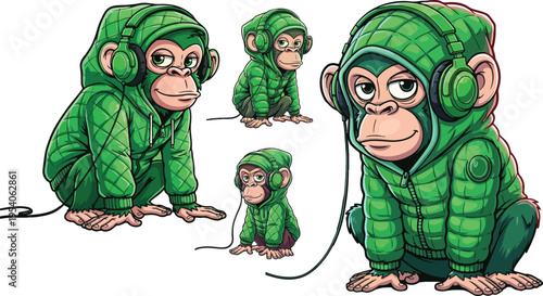 Collection of cute chimpanzee characters wearing cool green quilted hoodies and oversized headphones listening to music on transparent background