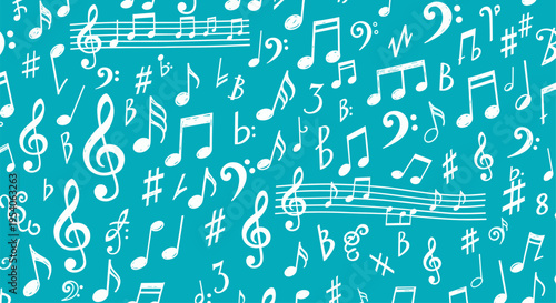 White musical notes on blue.