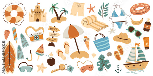 Set of beach related items on white background. Travel concept. Hand drawn flat cartoon elements.