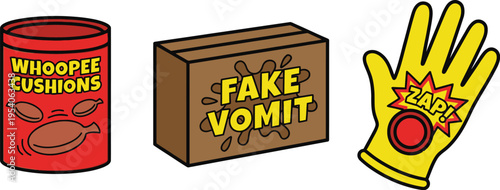 Collection of novelty gag items includes a can of whoopee cushions, a box labeled fake vomit, and a yellow glove with a zap.