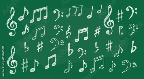 Collection of white musical notes symbols.