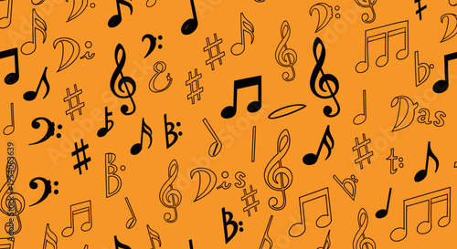 Black music notes on orange background.