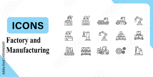 Factory and Manufacturing Line Icons – Industrial Production, Automation Equipment Vector
