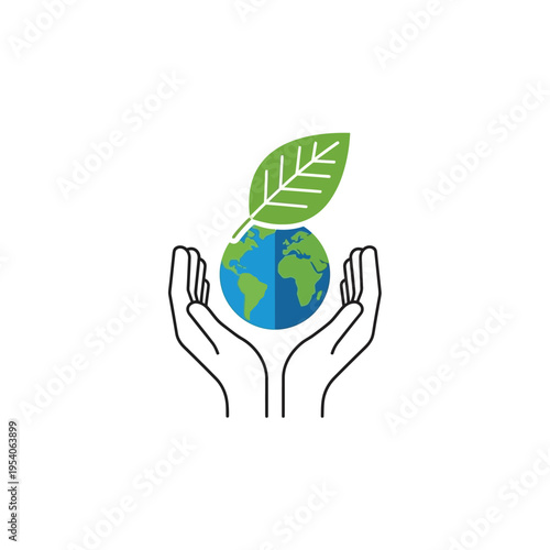 Hands cradling the Earth with a green leaf.