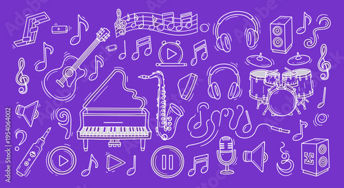 Music icons and musical instruments symbols.