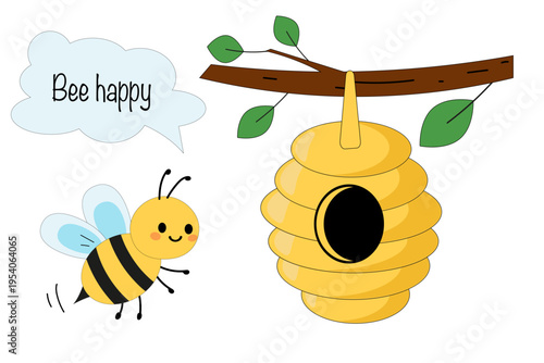 Cute flat vector illustration of a bee with beehive and Bee happy lettering. Cartoon style, ideal for kids design, beekeeping themes, honey branding, eco products, packaging, and farm visuals.