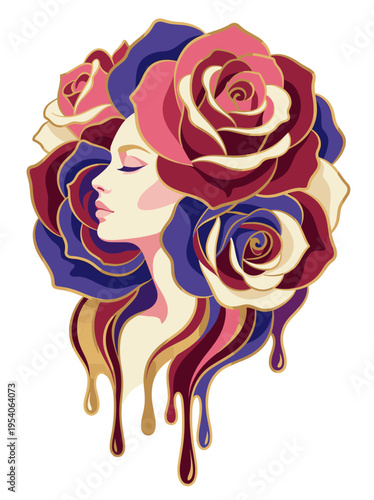 Melting Rose Woman Portrait in Surreal Floral Art Nouveau Style