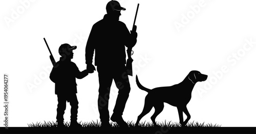 Father and son hunting together with rifles and bird dog silhouette in field cad drawing flat vector illustration flavector outdoor hunting hobby scene.
