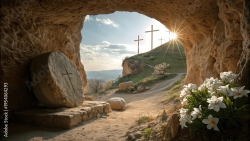 View from an empty tomb, resurrection, easter, christian, cross, sunrise, morning light, symbolic scene of hope and faith isolated on transparent background