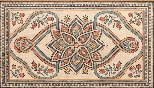 Vintage Bohemian Rectangle Carpet Design With Central Mandala Flower, Interlaced Geometric Motifs and Floral Tulip Patterns in Earthy Terracotta, Sage Green and Beige Tones