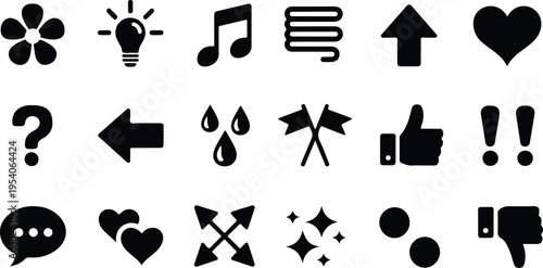 Set of black silhouette icons featuring various interface and social symbols isolated on white background art