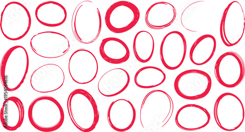 Set of red hand drawn circles and ovals for highlighting and marking text isolated on white background design