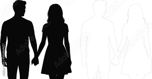 Couple Holding Hands Close View Silhouette Man and Woman Love Relationship Upper Body Romantic Vector Illustration Black and Outline