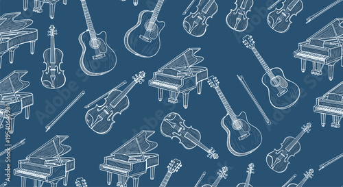 Musical Instruments Pattern of White Line Drawings.