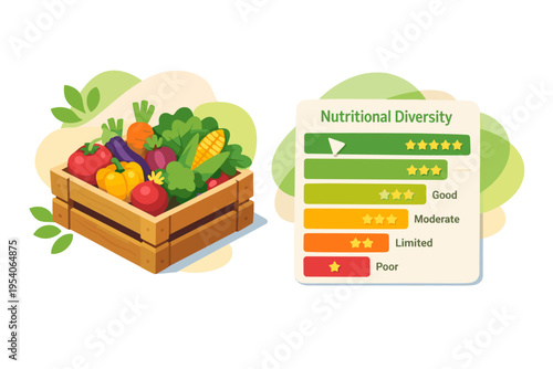 Fresh vegetables in a wooden crate next to a nutritional diversity chart.