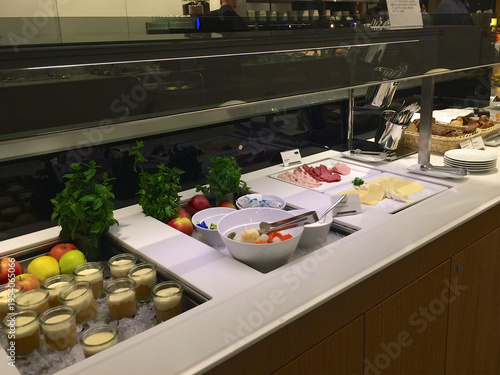 Frankfurt, Germany, 02 September 2017: Buffet with desserts salads and cold cuts in a frequent flyer lounge