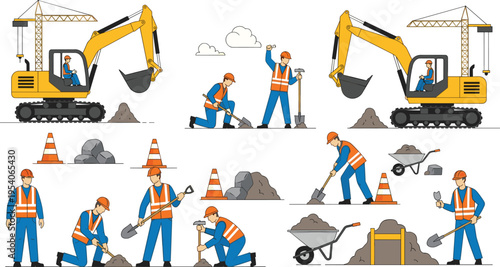 Vector collection of construction site workers in safety vests with yellow excavators, shovels, wheelbarrows, traffic cones, and rock piles for industrial engineering design