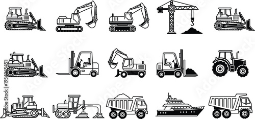 Vector collection of construction site silhouettes including crane excavator bulldozer dump truck concrete mixer and worker icons for industrial building engineering design