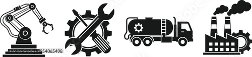 Vector collection of industrial factory icons including robotic arm assembly line gear with tools tanker truck and manufacturing plant with smoking chimneys isolated