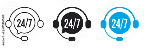 Customer service headset icons, flat modern set, 24/7 support, website, mobile app, UI design, technical assistance, call center, help desk illustration