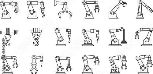 Vector collection of robotic arm icons featuring various industrial mechanical manipulators, assembly line cranes, and automated factory technology in thin line style design