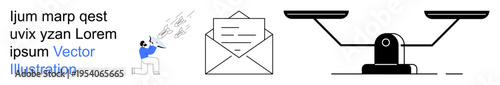 Communication, legal balance, decision-making, correspondence, messaging, justice. A person working on communication, an envelope and a scale. Communication and legal balance
