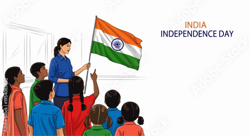 Teacher holding India Independence Day flag during classroom celebration. Children observe teacher with Indian flag, learning about patriotism for India Independence Day.